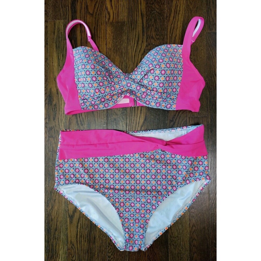 Lands End Bikini Set Top Size 12 Bottom Size L Geometric Pattern Multicolor EUC
